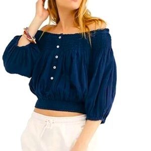 Free People We the Free Women’s Navy Crop Top Dancing till Dawn Smocking…